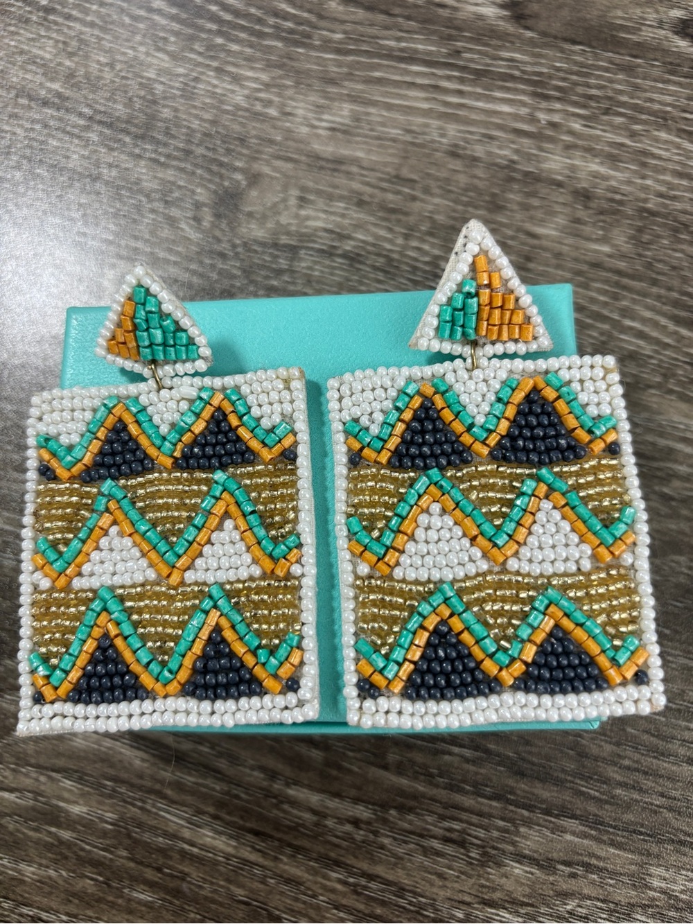 Handcrafted Beaded Geometric Drop Earrings - White, Gold, Teal, Black - 3” drop - Picture 2 of 4